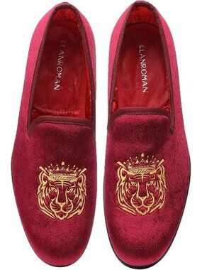 Elanroman Mens Size 10 Loafers Rich Red Velvet Embroidered Tiger Design